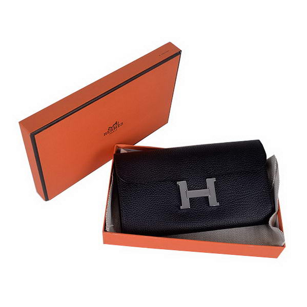 Cheap Fake Hermes Constance Long Wallets Black Calfskin Leather Silver